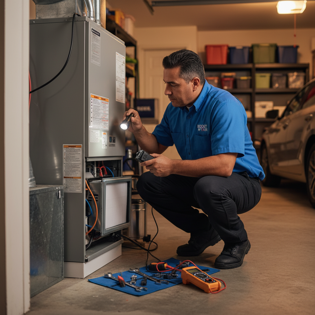 Professional HVAC technician inspecting a furnace in a residential home in Grand Prairie, TX.