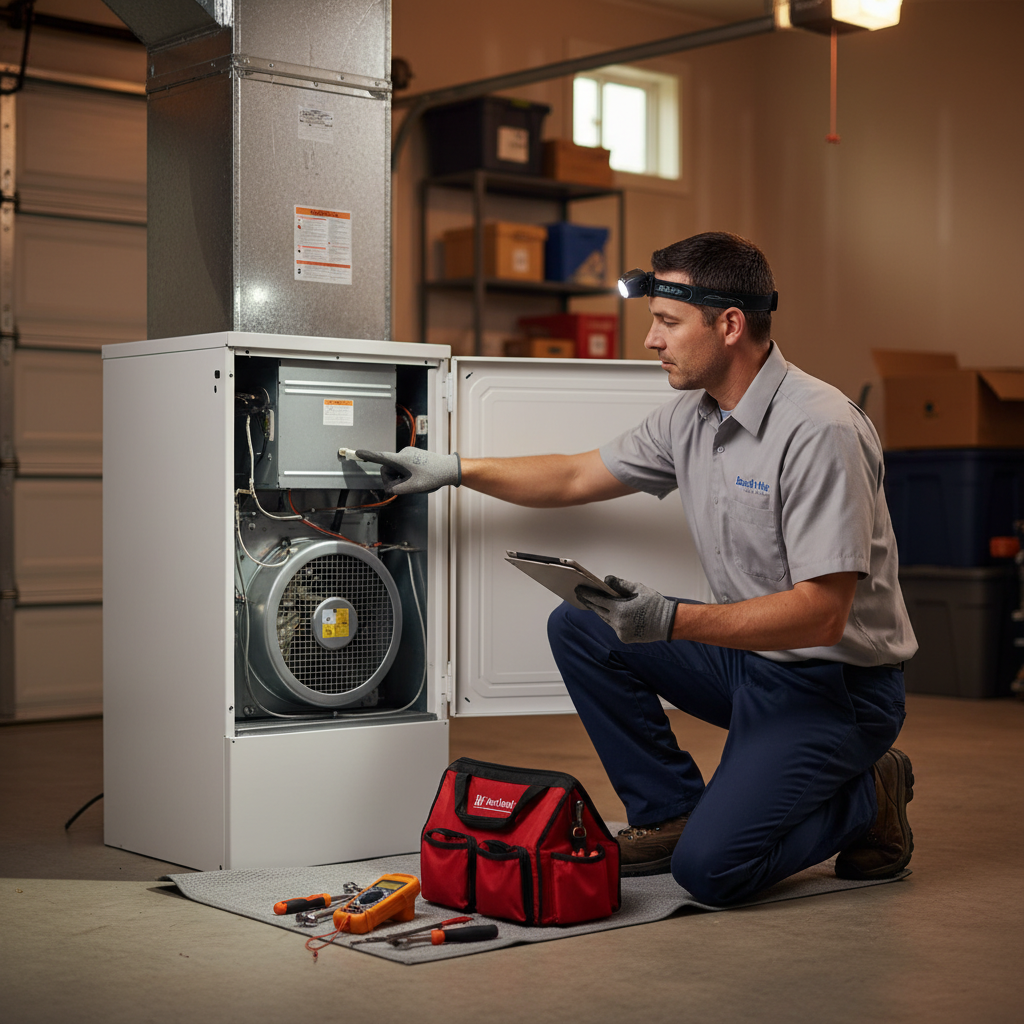 Professional HVAC technician inspecting a furnace inside a Grand Prairie, TX home for Boost My Air.