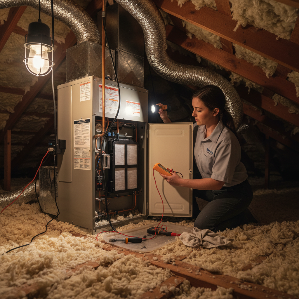 Professional HVAC technician performing a routine AC maintenance check inside a DFW metroplex home.