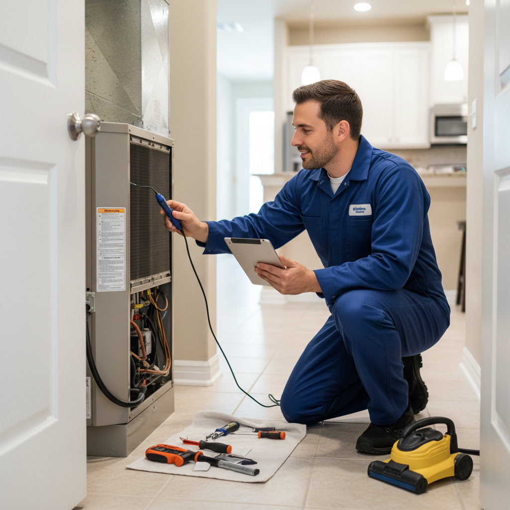 Professional HVAC technician performing a routine AC system inspection in a DFW metroplex home.
