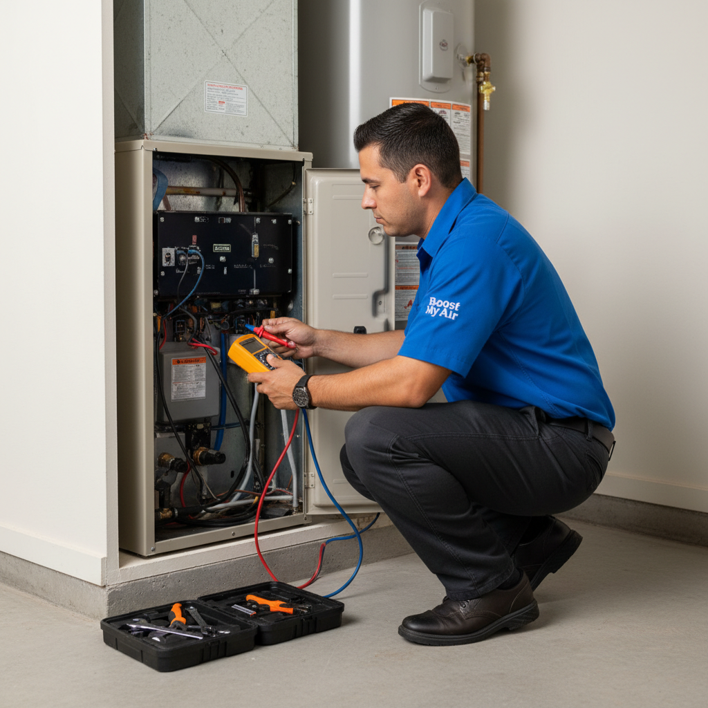 Professional HVAC technician performing a routine AC system check in a Grand Prairie, DFW metroplex home.
