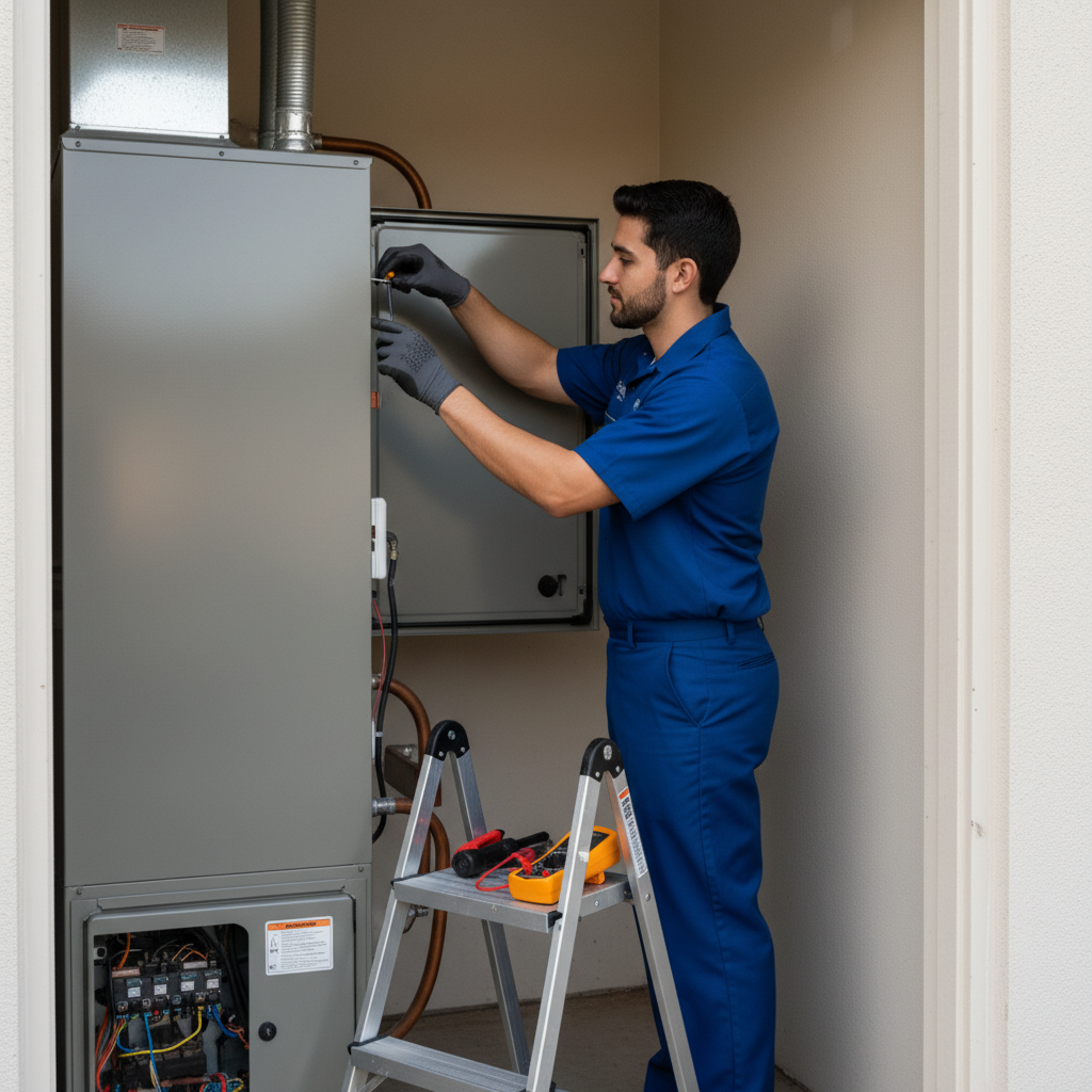 Professional HVAC technician performing a routine maintenance check on an indoor AC unit in Grand Prairie, TX.