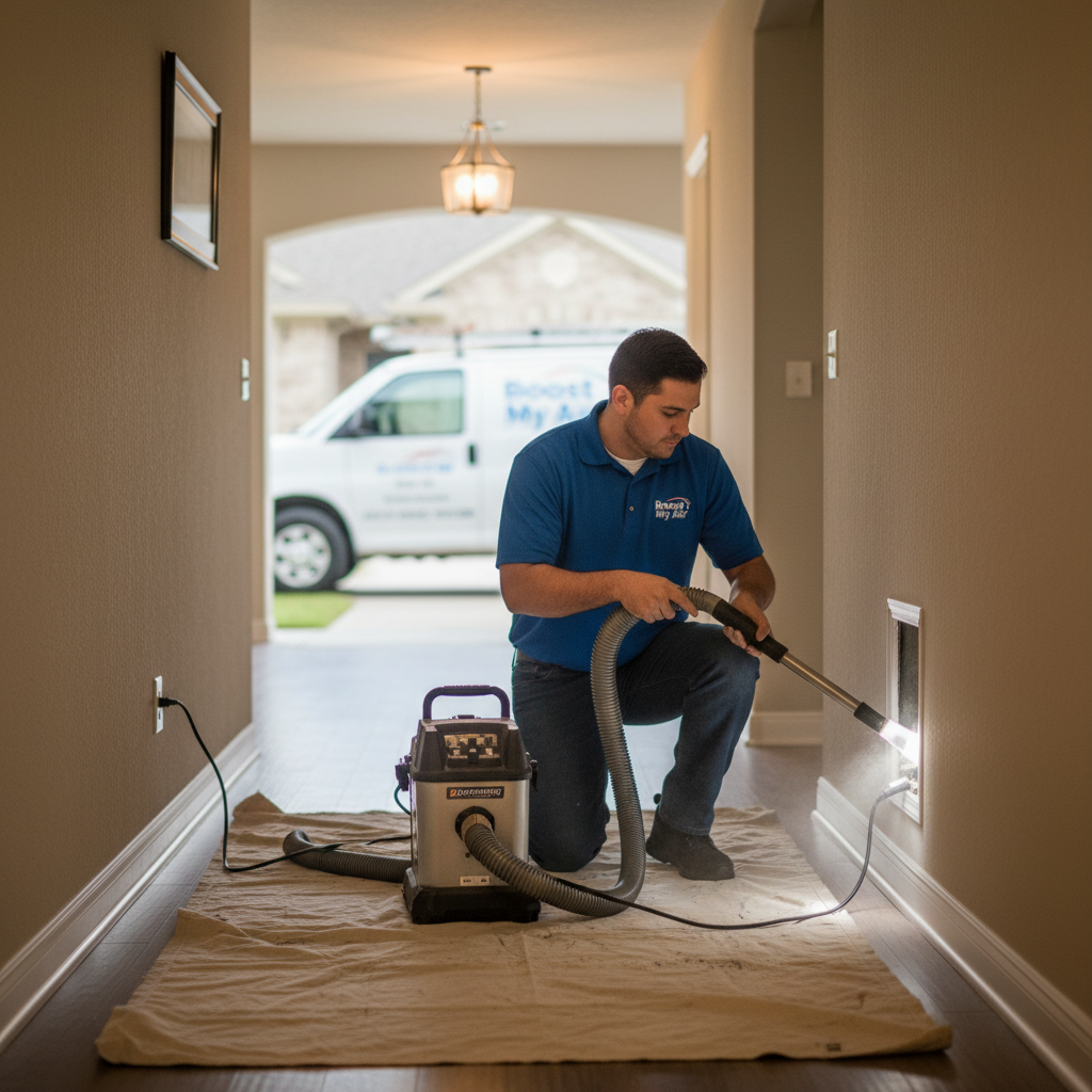 Professional HVAC technician performing air duct cleaning inside a Grand Prairie, TX home for Boost My Air.