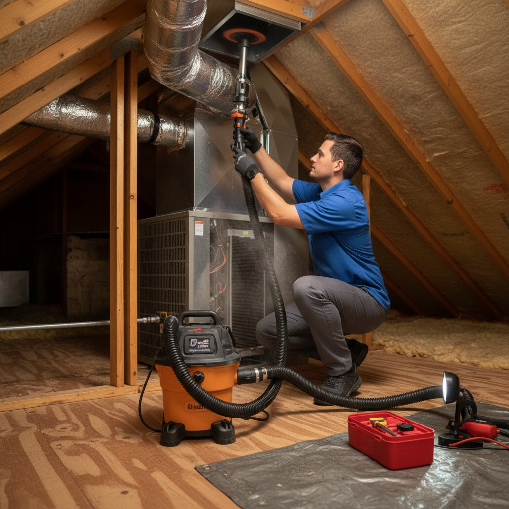 Professional HVAC technician performing air duct cleaning in a home in Grand Prairie, TX.