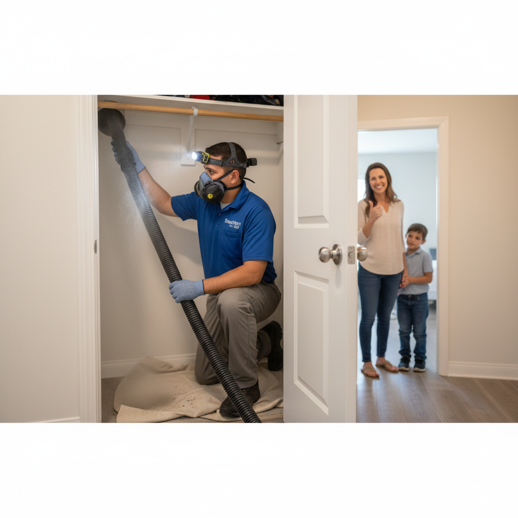 Professional HVAC technician performing air duct cleaning in a Grand Prairie, TX residence.