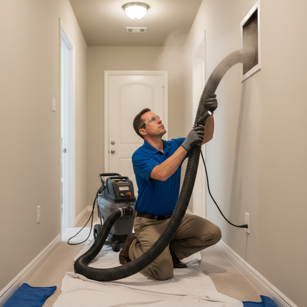 Professional HVAC technician performing air duct cleaning in a home within the DFW metroplex, TX.